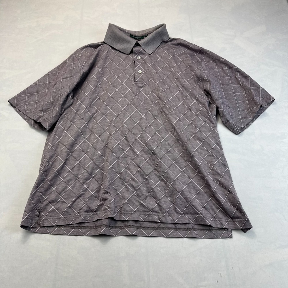 Bobby Jones Polo Shirt Mens XL Gray Diamond Check Short Sleeve Side Slit Popover